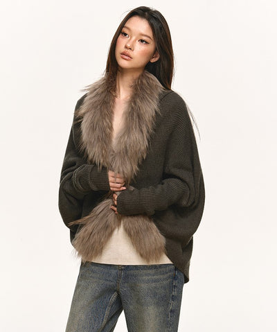Fur Collar Patchwork Knitted Cardigan ANA0109