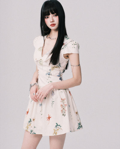 Plant Print French Doll Collar Dress LUL0157