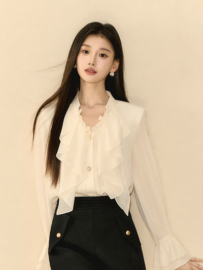 White V-neck Ruffle Shirt OSH0135