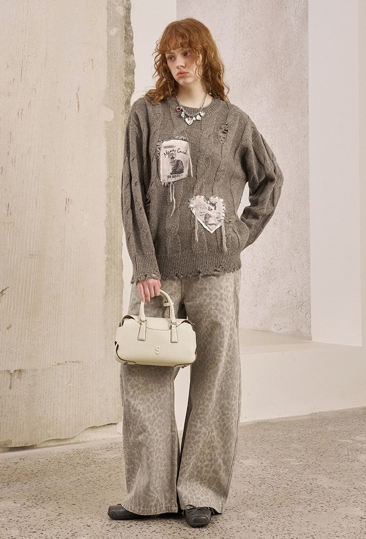 Appliqued Kitten Hollow Cable Sweater DID0235