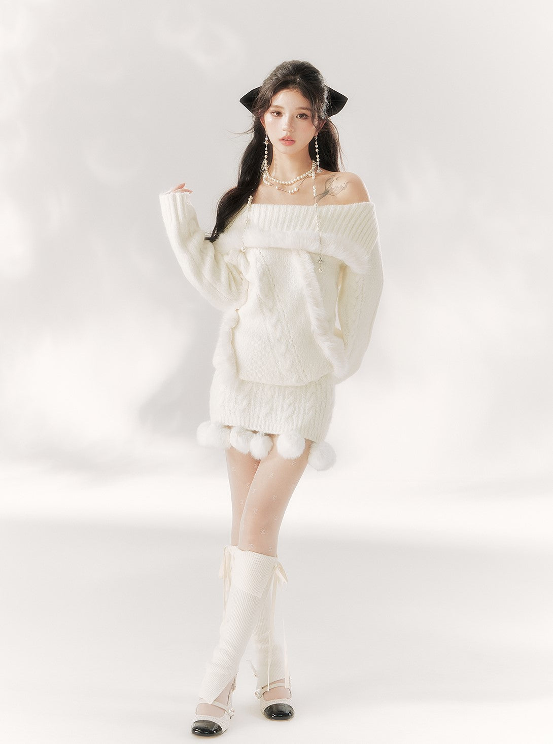 Off-shoulder Plush Fur Knitted Sweater BBB0102