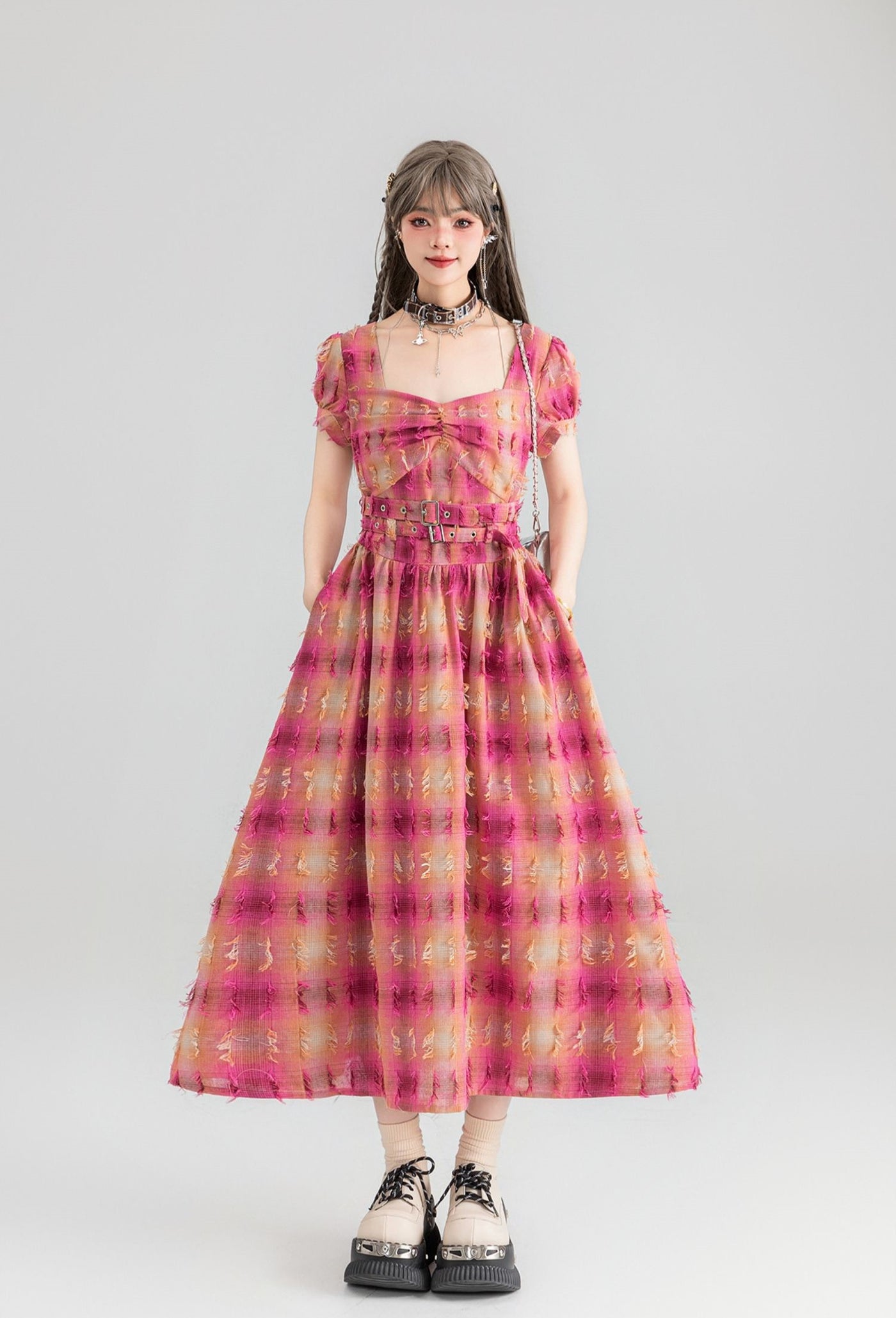 Flying Yarn-dyed Plaid Mid-length Dress KEI0066