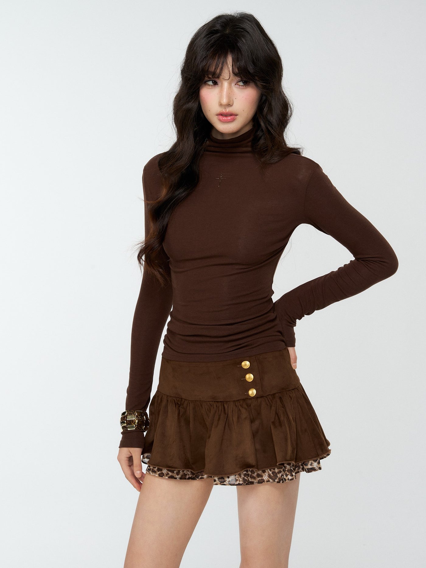 Suede Pleated Leopard Print Midi Skirt 4MU0168