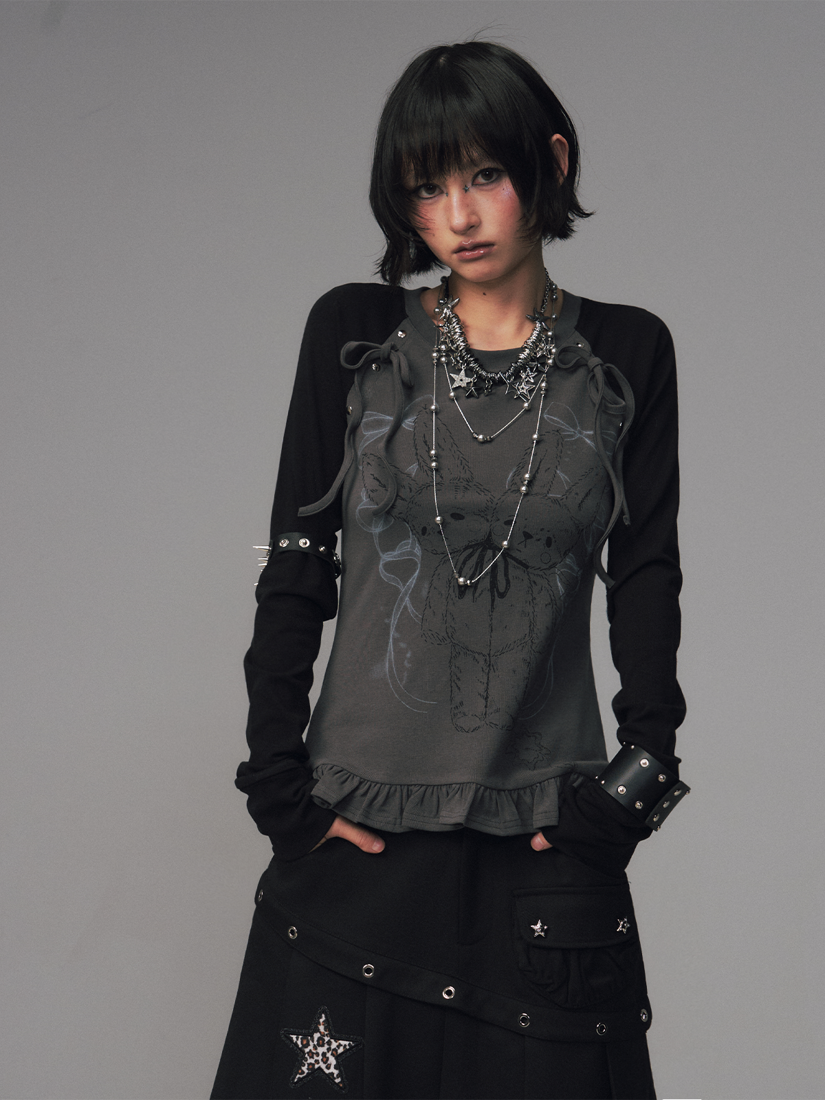 Bow Lace Print Raglan Long Sleeve T-Shirt FRU0126