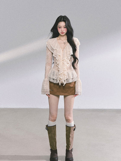 Lace Hollow Ruffled Long Sleeve Shirt DIA0588