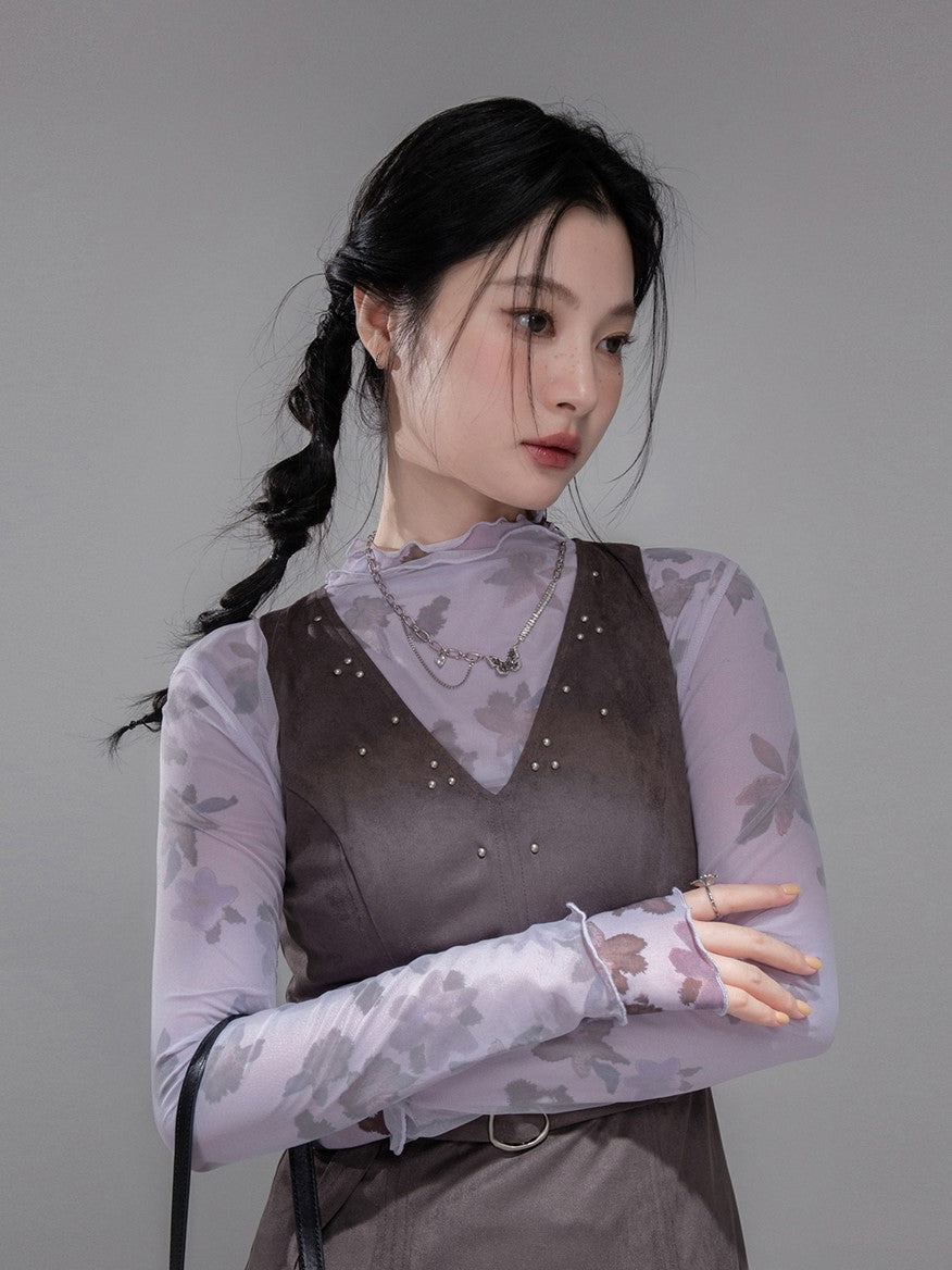 Layered Purple Flower Mesh Shirt COT0351