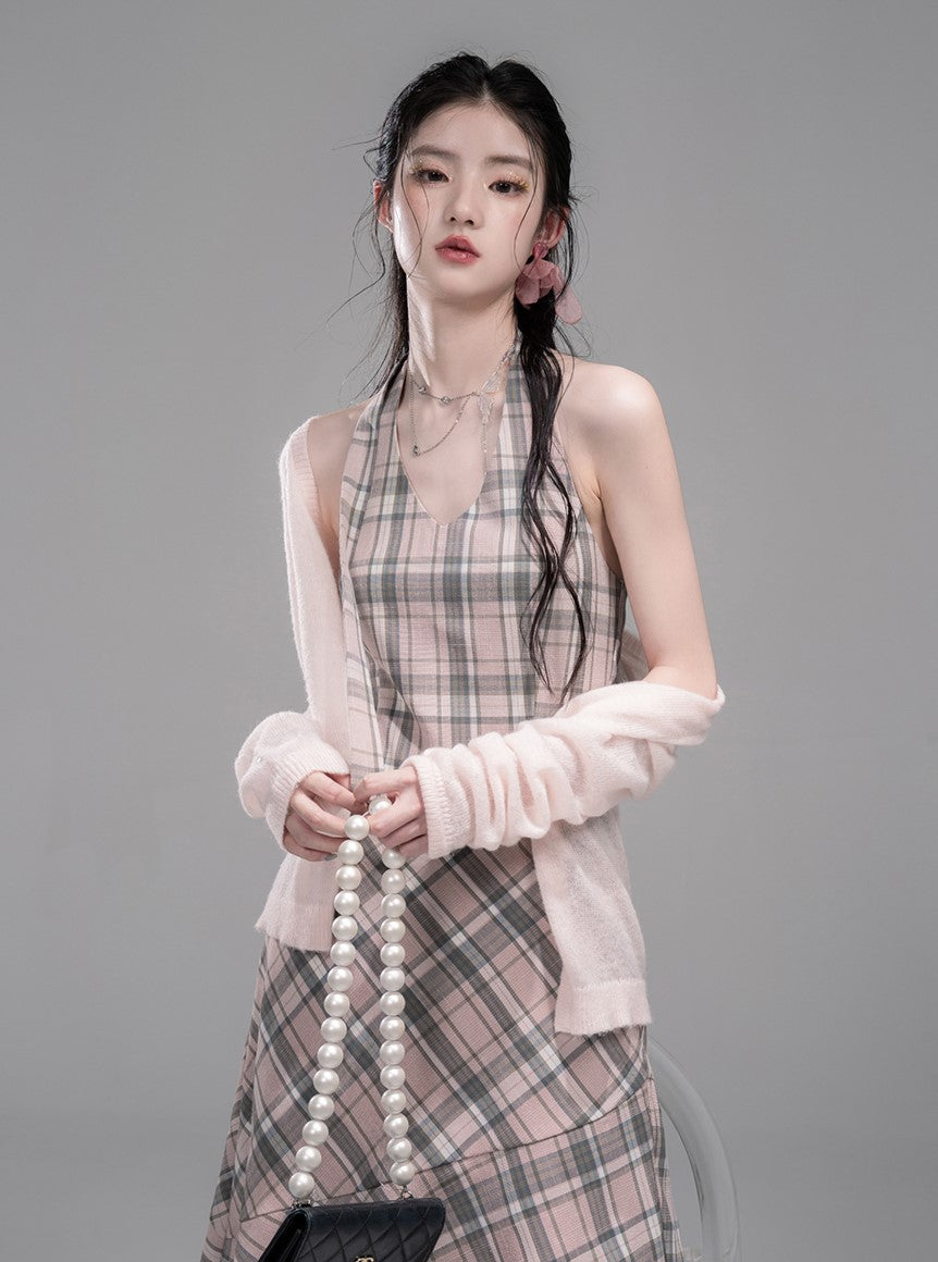 Cherry Pink Plaid Halter Neck Dress COT0341