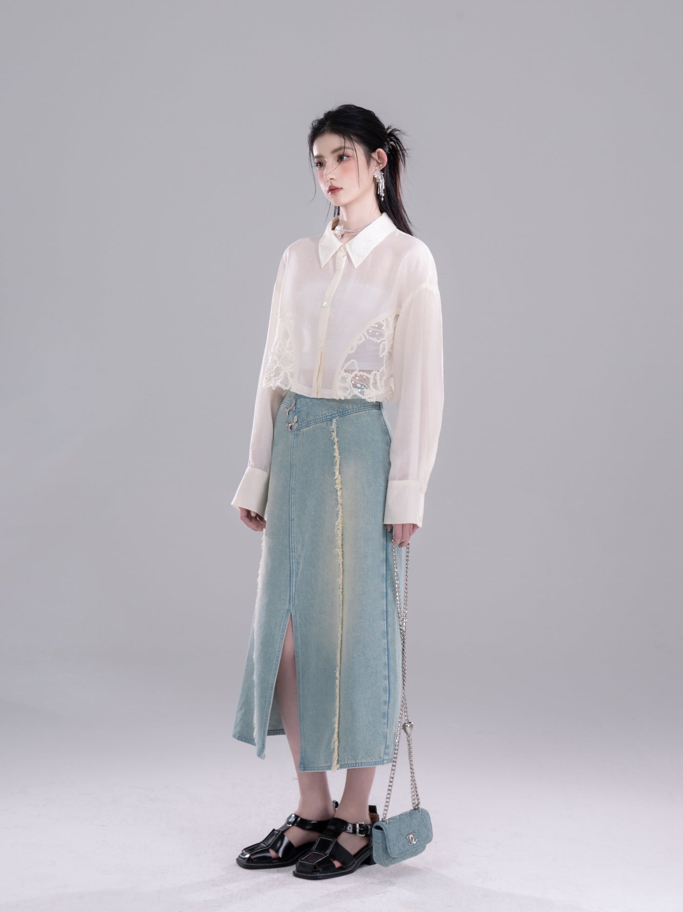 Raw-edge Denim Top/Slit Skirt COT0266
