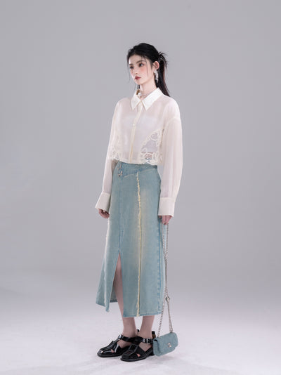 Raw-edge Denim Top/Slit Skirt COT0266