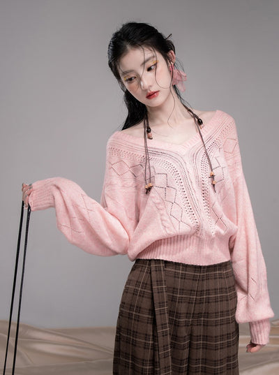 Pink Hollow V-neck Knit+Halter Neck Top COT0345