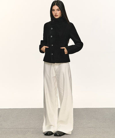 Double-Faced Stand Collar Black Short Coat ANA0076