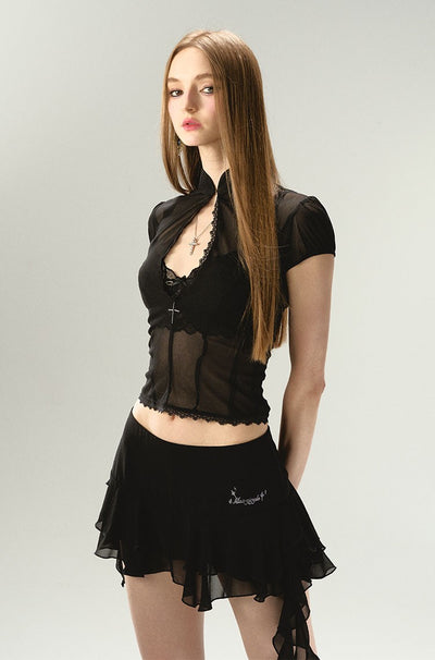 Asymmetrical Ruffled High Waist Short Skirt 4MU0045