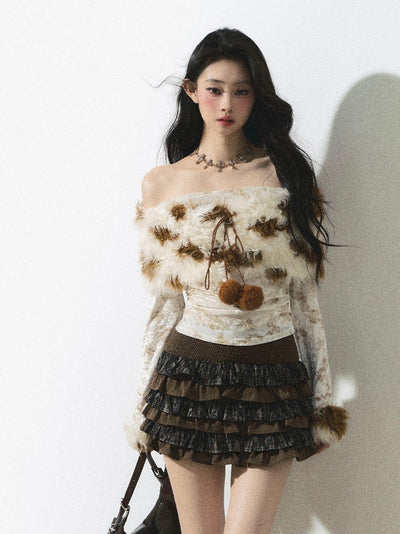 One Shoulder Long Sleeve Fur Tie-Dye Knitted Sweater DIA0250