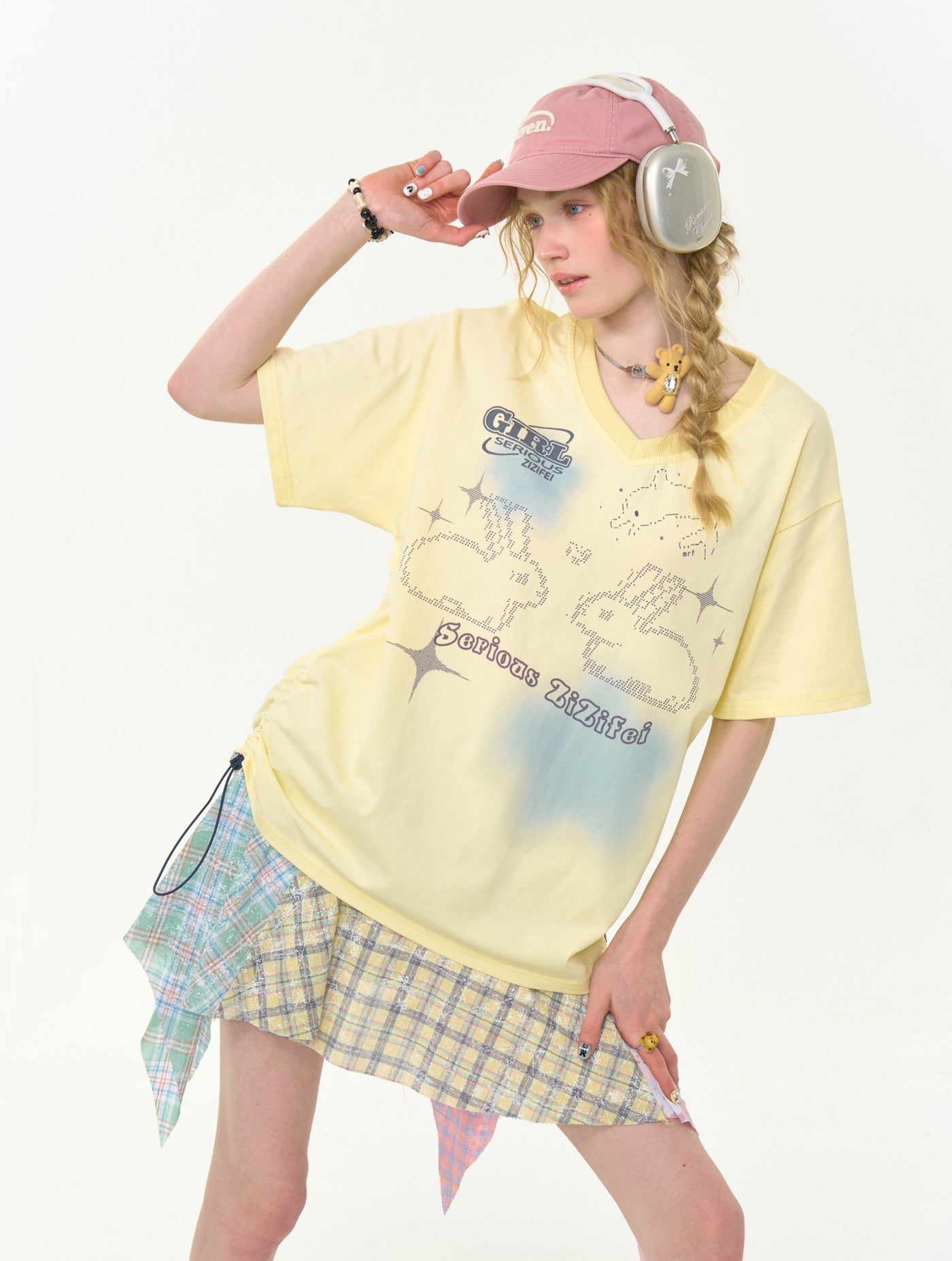 Drawstring Rabbit Print V-neck T-shirt ZIZ0268