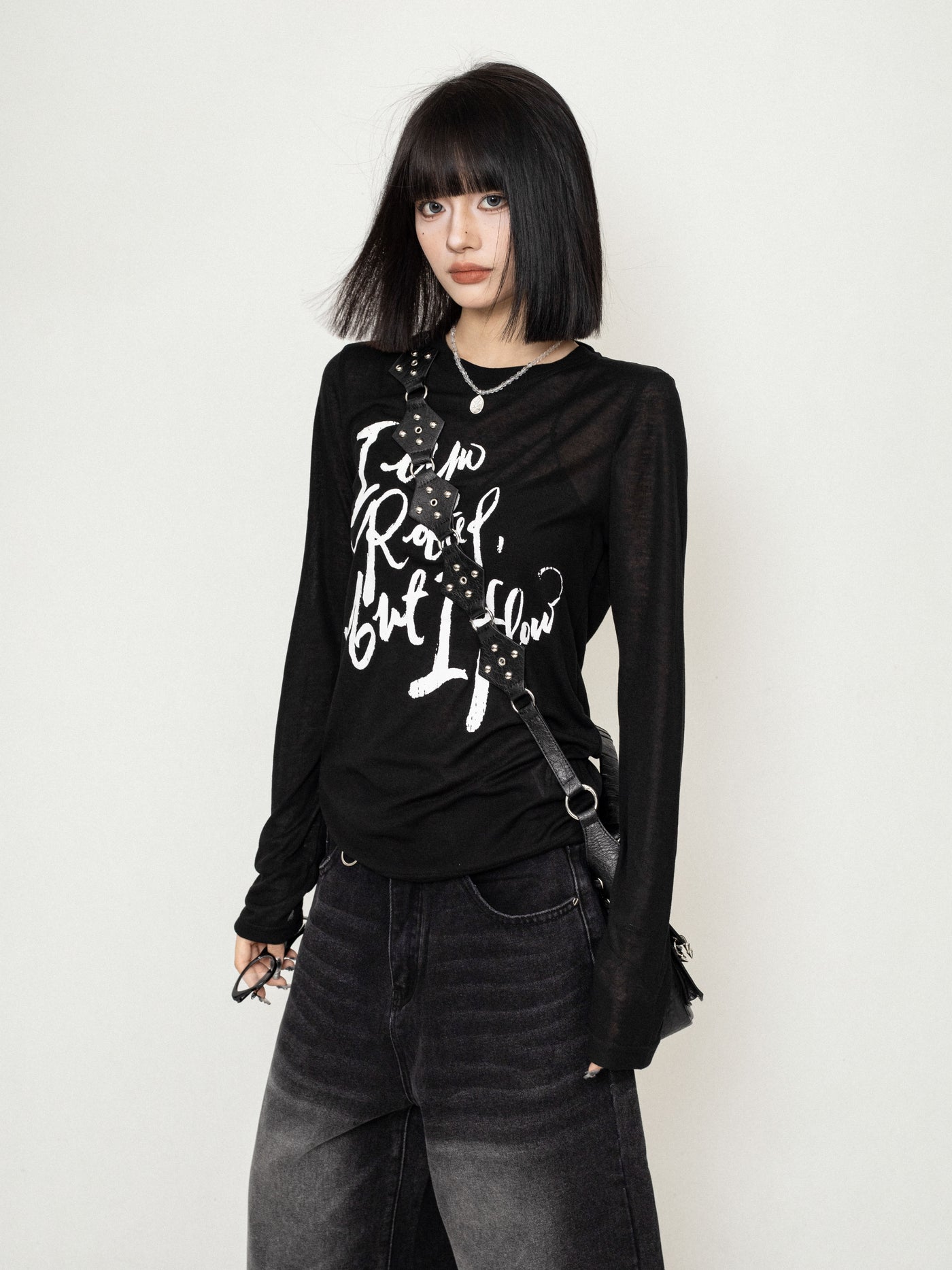 Lazy Style Letter Pullover Mesh Long Sleeves T-shirt ZER0232