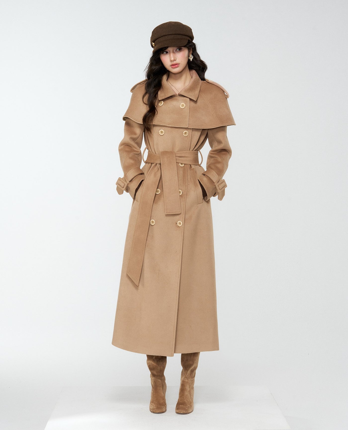 British Style Brown Long Cape Wool Coat 4MU0170