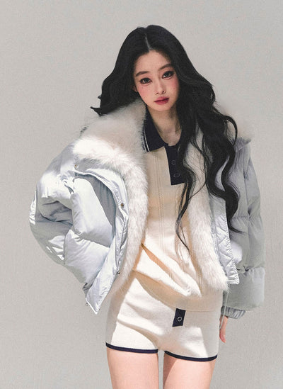 Blue Detachable Fur Collar Short Down Jacket DIA0687