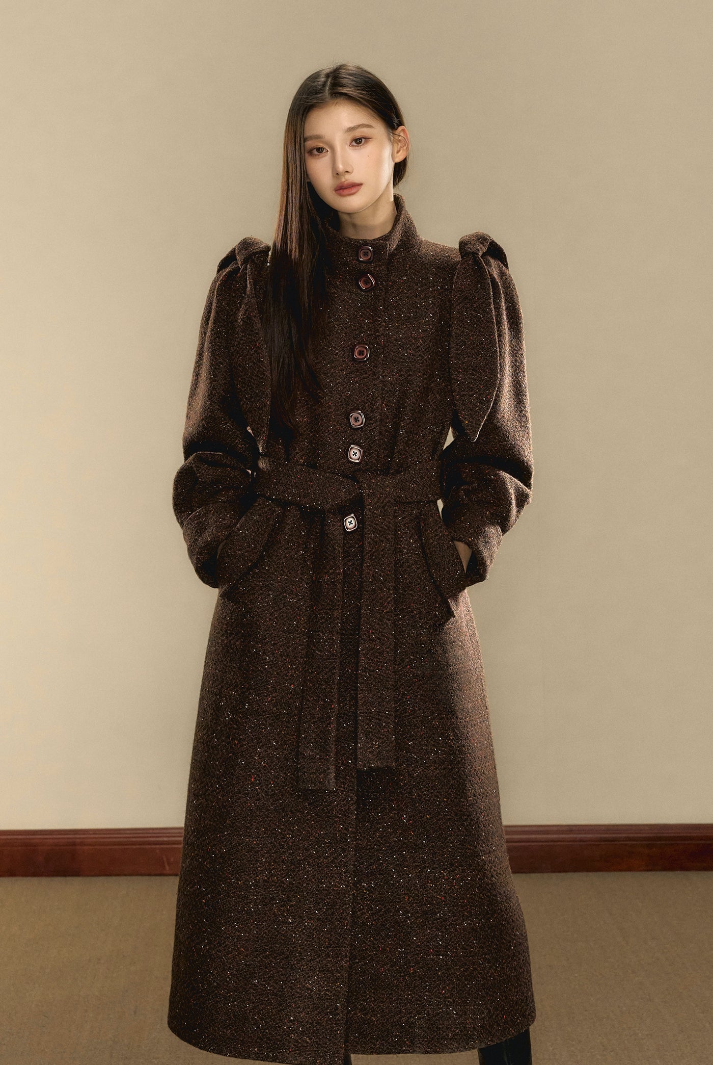 Chocolate Brown Tweed Long Over-the-Knee Wool Coat OSH0103