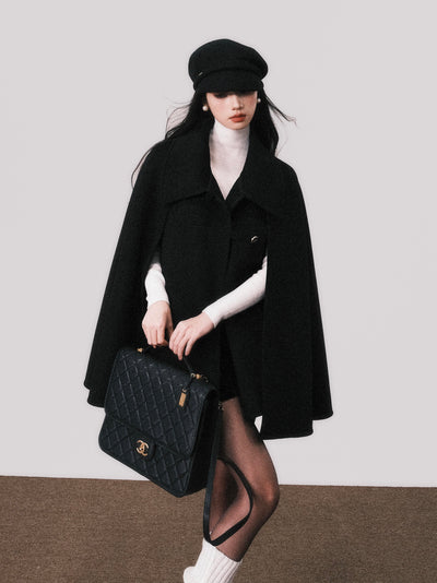 Double-sided Wool Black Wool Shawl Cape Coat LUL0109