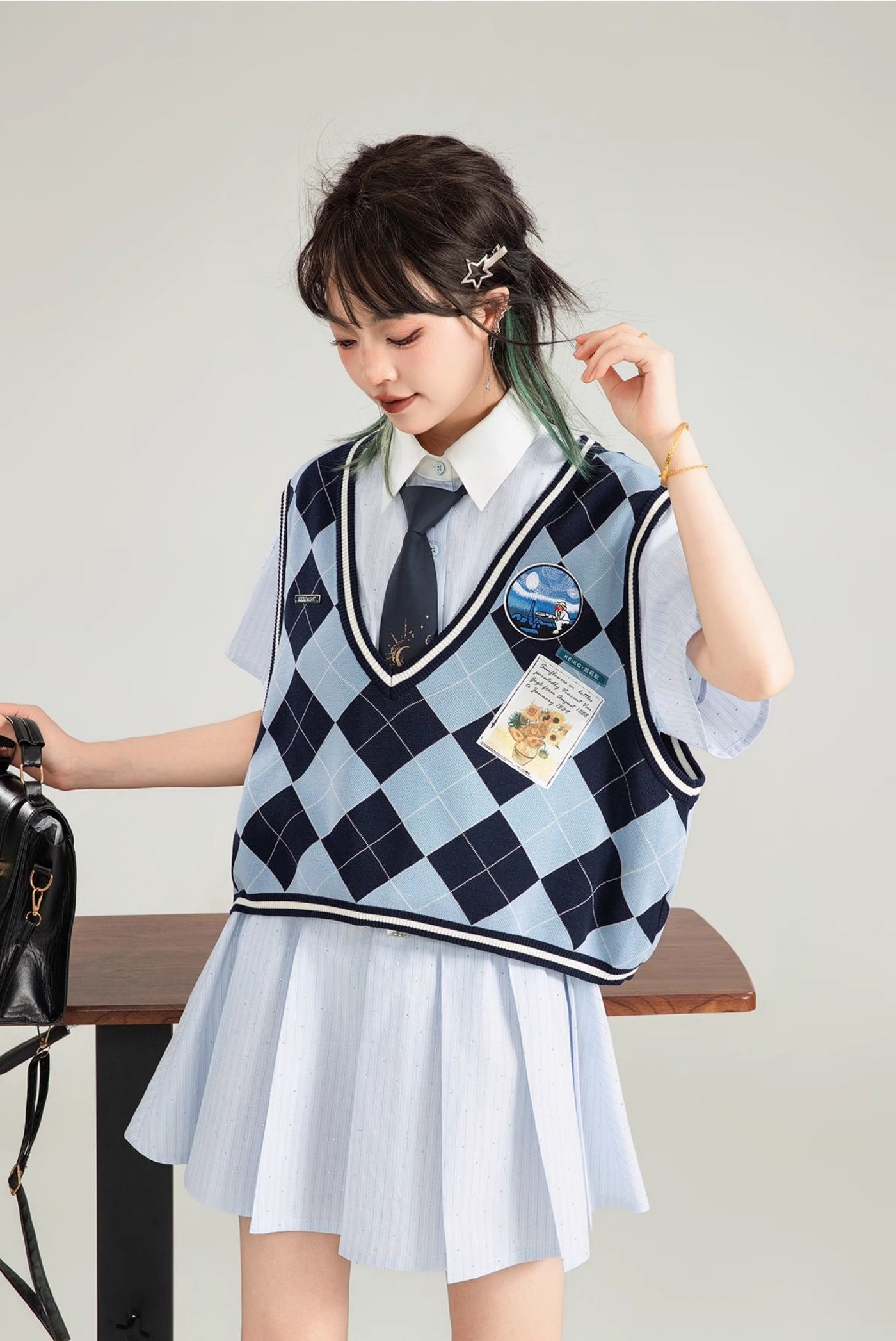 Blue Striped Short-sleeved Pleated Shirt Dress KEI0126