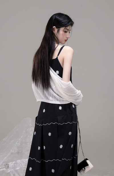 V-neck Shirt+Pleated Black Printed Dress COT0302