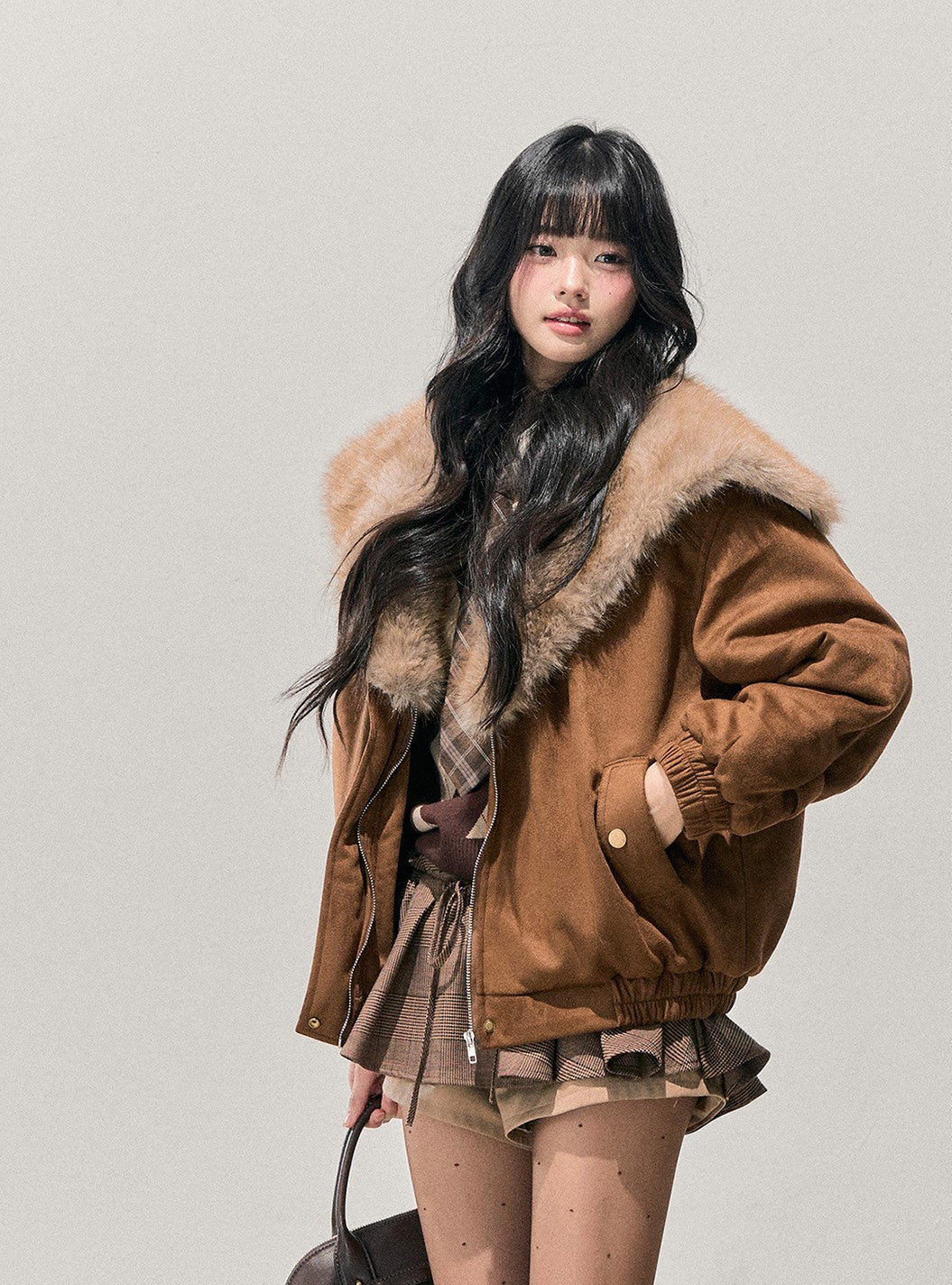 Brown Quilted Thick Detachable Fur Collar Jacket DIA0743