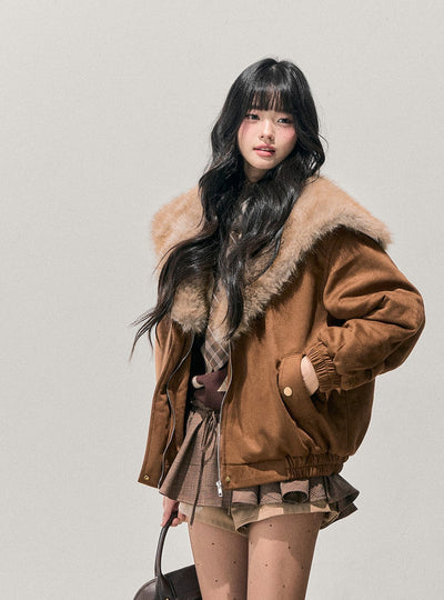 Brown Quilted Thick Detachable Fur Collar Jacket DIA0743