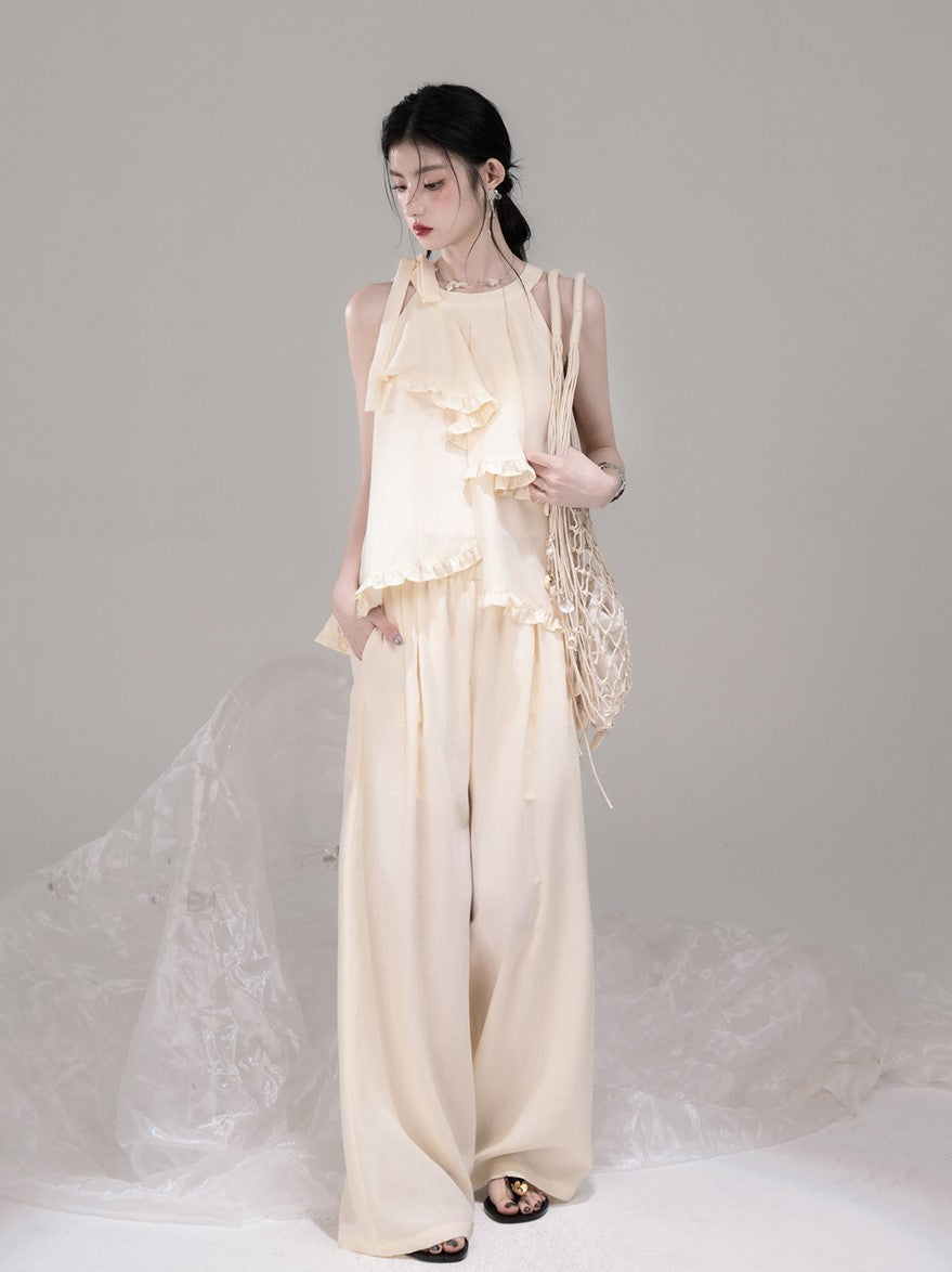 Irregular Halter Neck Ruffled Top/Pants COT0303