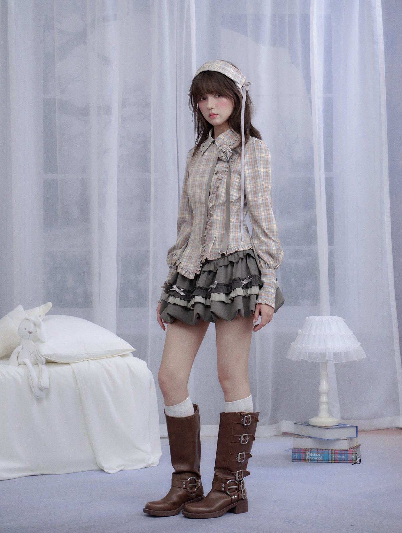 Plaid Rose Brooch Asymmetrical Shirt/Headband SAG0294