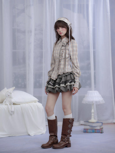 Plaid Rose Brooch Asymmetrical Shirt/Headband SAG0294