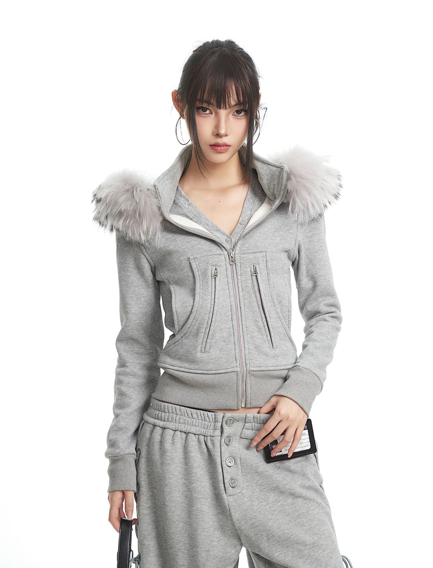 Fur Collar Hooded Sweatshirt Jacket/Pants UNC0326