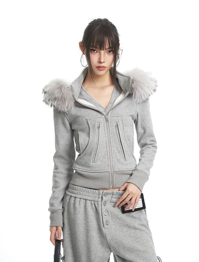 Fur Collar Hooded Sweatshirt Jacket/Pants UNC0326