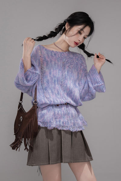 Purple Flower One Shoulder Sweater COT0363