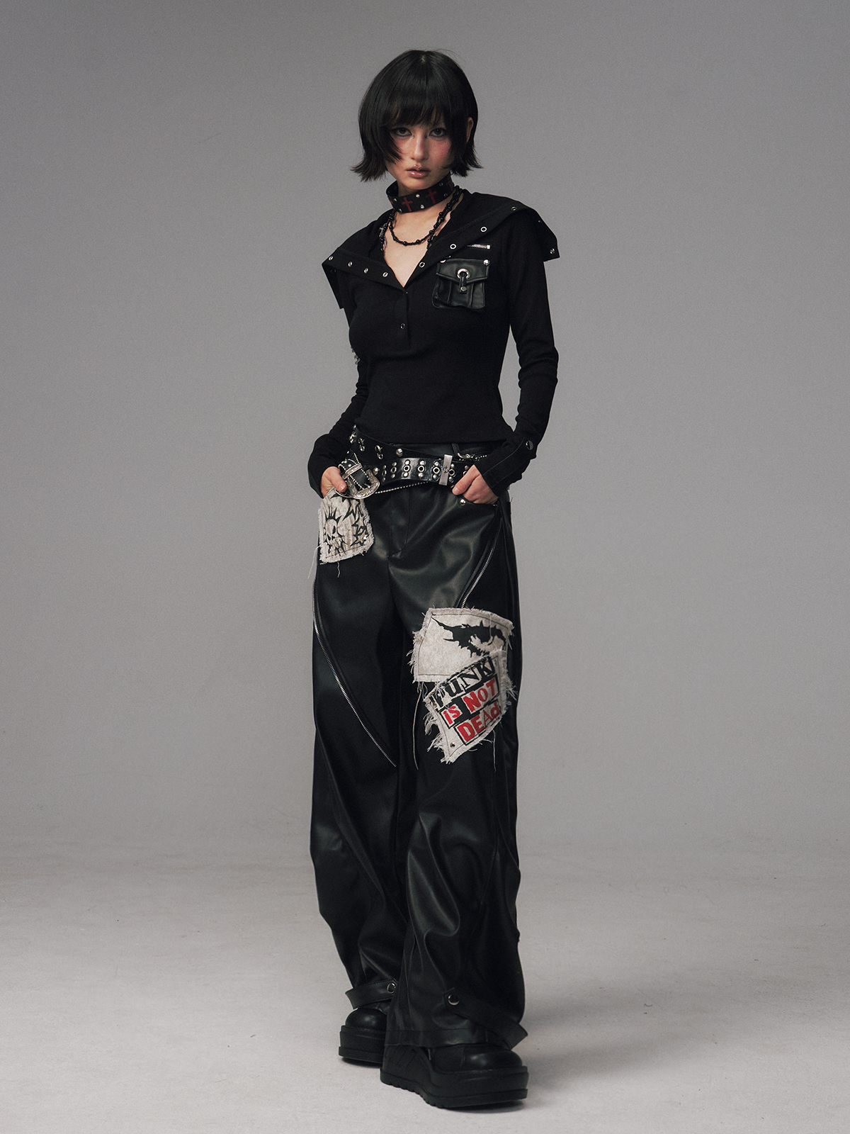 Punk Rock Zipper Split Print Leather Pants FRU0122