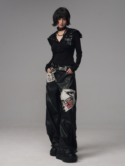 Punk Rock Zipper Split Print Leather Pants FRU0122
