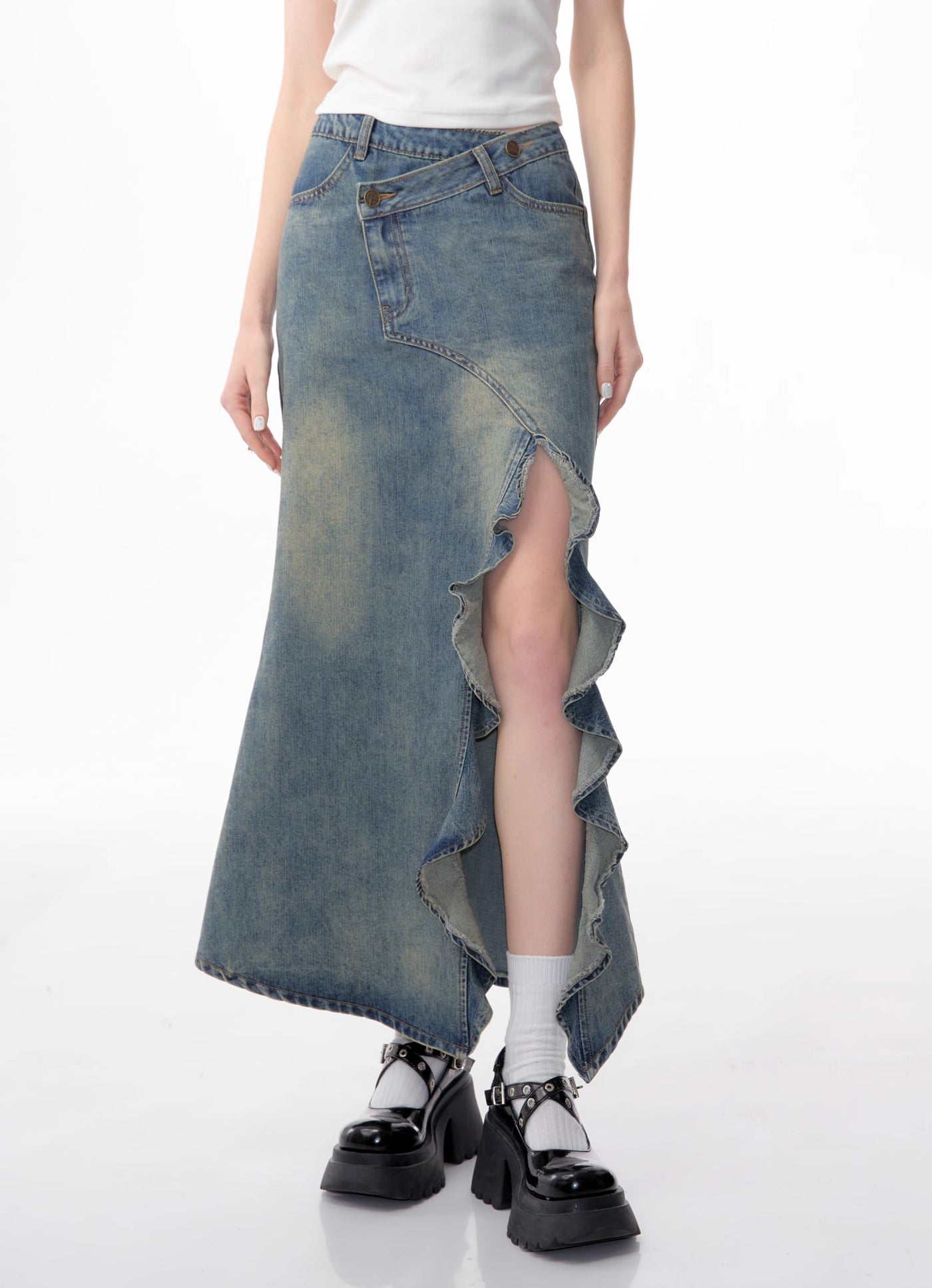 American Retro High Waist Slim Mid-length Split Denim Skirt ZIZ0082