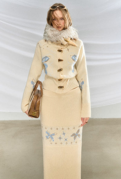 Hand-painted Pattern Large Lapel Thick Knit Cardigan/Long Skirt OFA0209