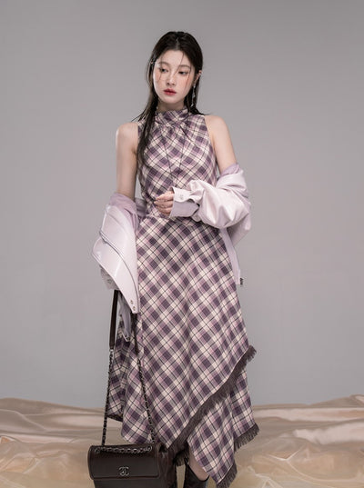 Purple Checkered Pattern Dress COT0347