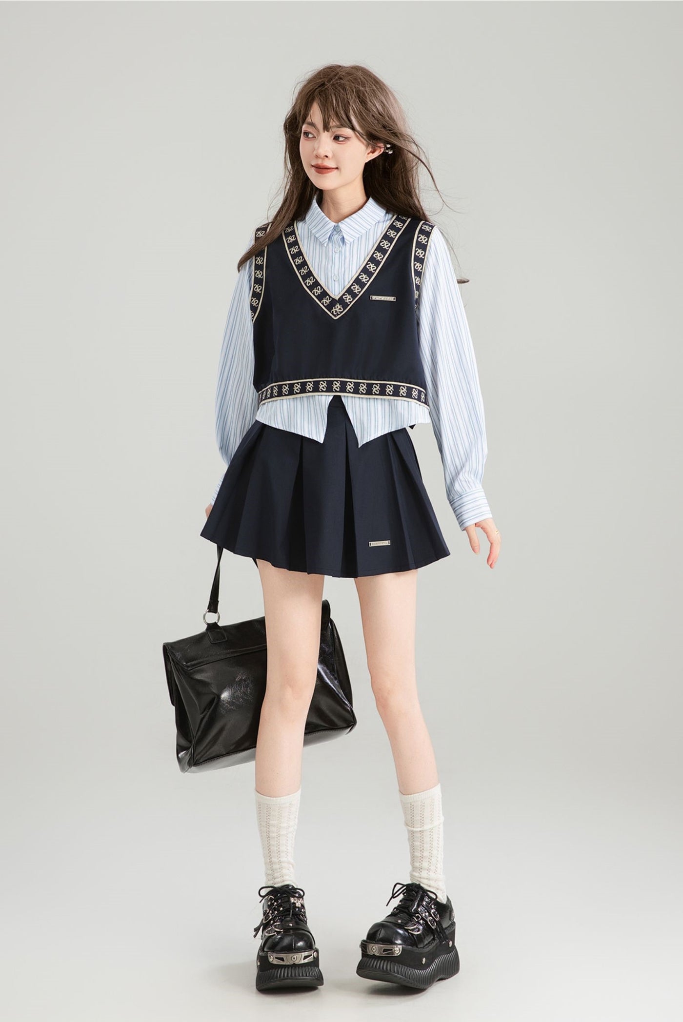 Patchwork Long-sleeved Fake Two-piece Shirt/Skirt KEI0167