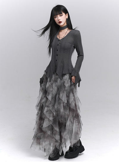 Irregular Mesh Cake Long Skirt LAD0223