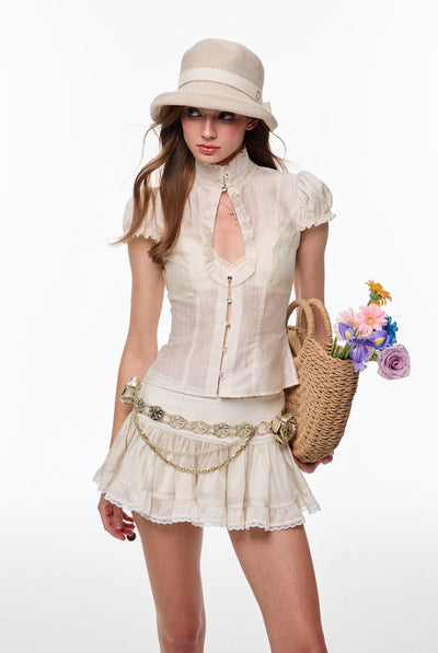 Drop Hollow Lace Shirt/Pleated Skirt 4MU0137