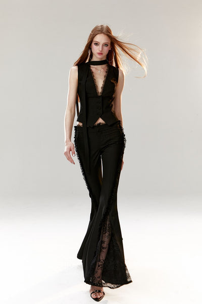 Lace Flared High Waist Black Suit Pants 4MU0040