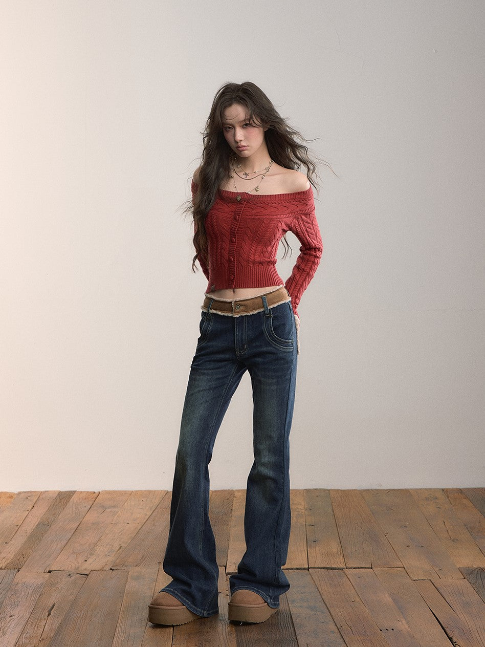 Off-shoulder Round Neck Short Cable Sweater VIA0372