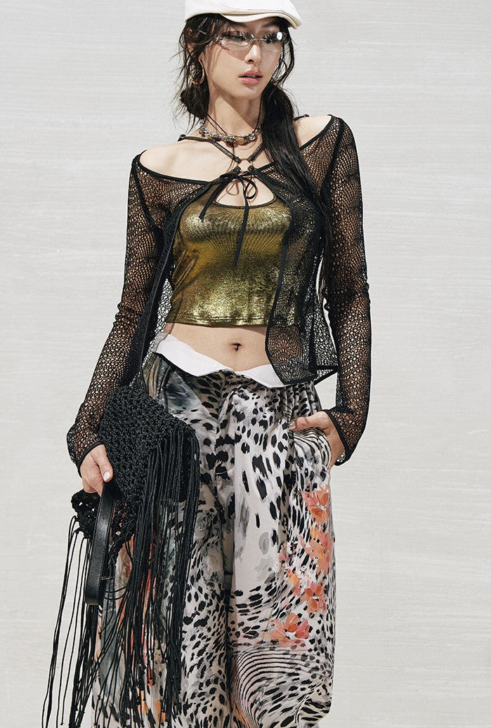 Lace Metallic Cross-strap Top+Cardigan OFA0270