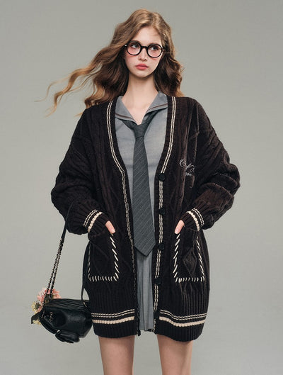 College Style Two-color Embroidery Knitted Large Cardigan GRO0074