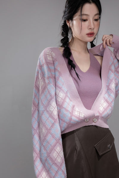 Purple Halter Vest+Diamond-patterned Cardigan COT0362