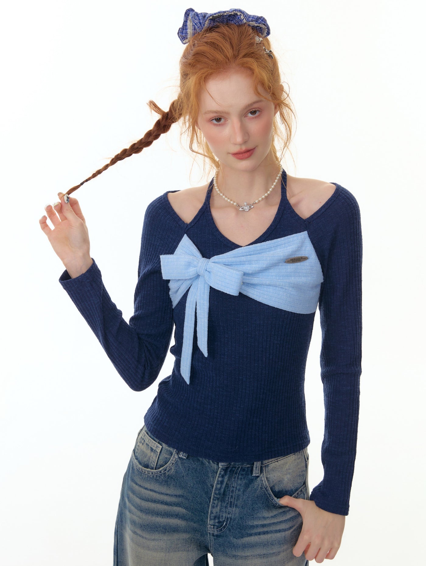 Contrast Color Stitching Bow Tie Sweater ZIZ0300