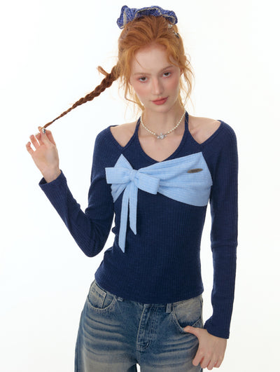 Contrast Color Stitching Bow Tie Sweater ZIZ0300