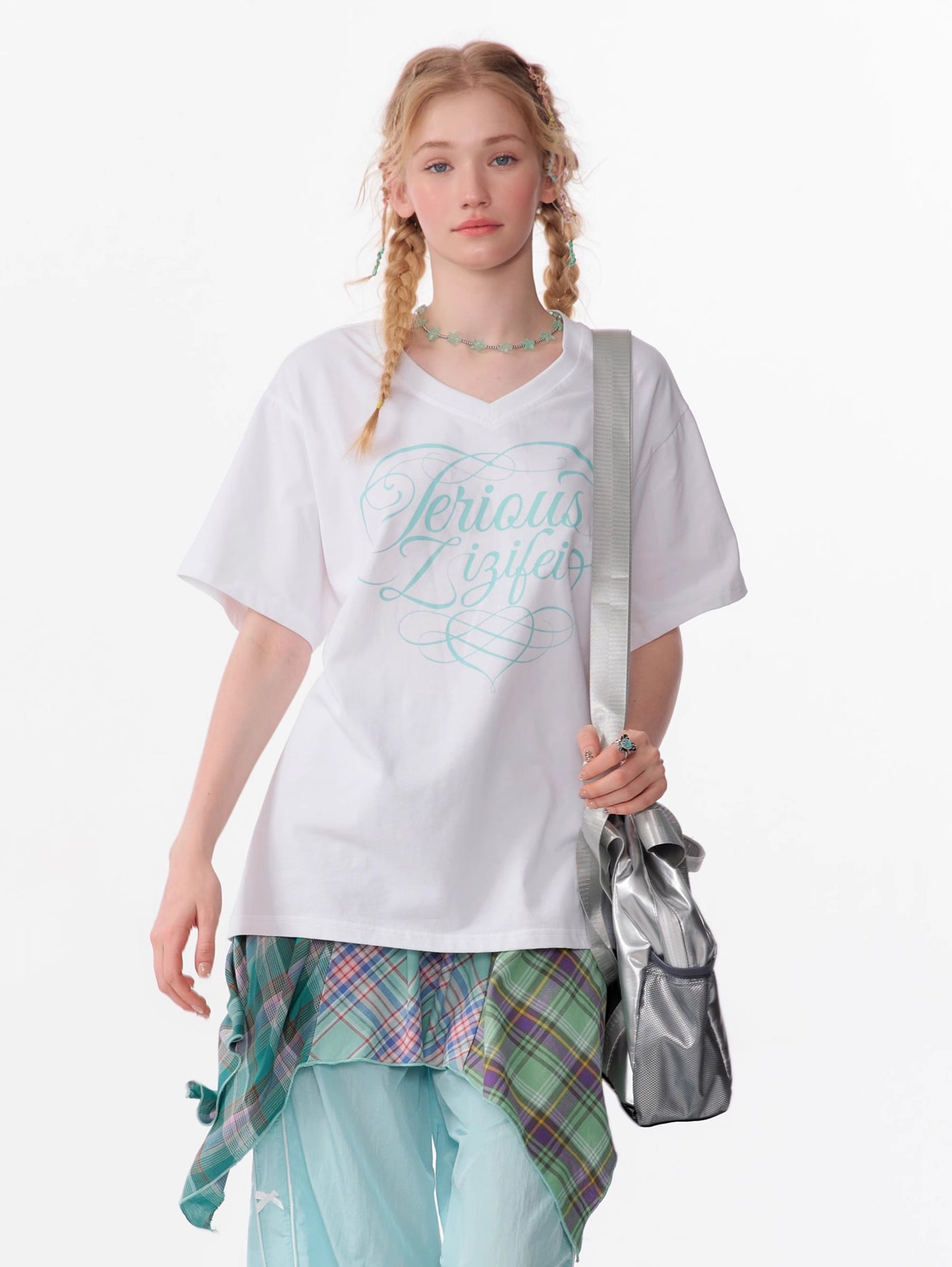 Basic Letter Print V-neck Loose Short-sleeved T-shirt ZIZ0094