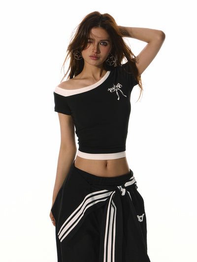 Bow Print Fake Two-piece One Shoulder T-shirt ACM0086